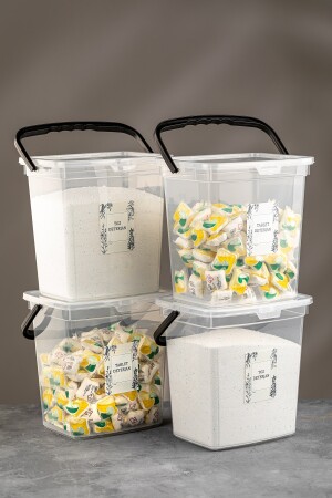 4-teiliger, beschrifteter 6-Liter-Aufbewahrungsbehälter für Reinigungsmittel – Tabletten-Aufbewahrungsbox für Reinigungsmittel mit Griff, transparent MCH618 - 4