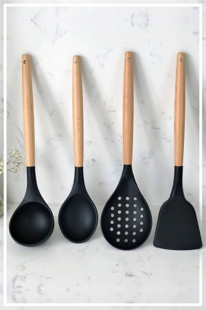 4-teiliges Küchenservice-Set mit Silikon-Bambusgriff, Schwarz (LABEL-SPOON-COOLER-SPATULA) kbr-b29 - 1