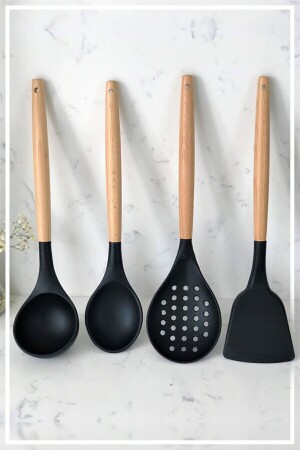 4-teiliges Küchenservice-Set mit Silikon-Bambusgriff, Schwarz (LABEL-SPOON-COOLER-SPATULA) kbr-b29 - 4