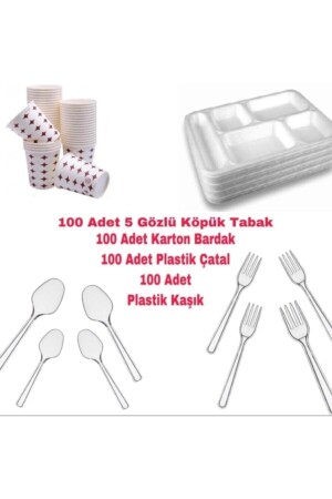 5 Gözlü Tabldot Köpük Tabak - Plastik Çatal,kaşık-karton Bardak 00000017 - 4