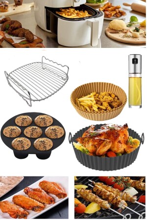 5 Parça Airfryer Xxl 22 Cm Izgara Silikon Kabı Muffin Kalıbı Sprey Yağdanlık 50 Adet Yanmaz Kağıt 5 li Airfryer Fritöz Set - 2