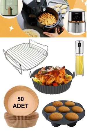 5 Parça Airfryer Xxl 22 Cm Izgara Silikon Kabı Muffin Kalıbı Sprey Yağdanlık 50 Adet Yanmaz Kağıt 5 li Airfryer Fritöz Set - 5