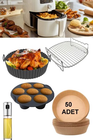 5 Parça Airfryer Xxl 22 Cm Izgara Silikon Kabı Muffin Kalıbı Sprey Yağdanlık 50 Adet Yanmaz Kağıt 5 li Airfryer Fritöz Set - 7