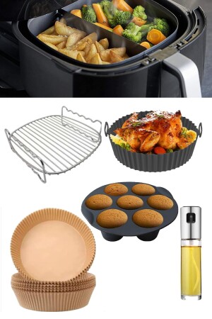 5 Parça Airfryer Xxl 22 Cm Izgara Silikon Kabı Muffin Kalıbı Sprey Yağdanlık 50 Adet Yanmaz Kağıt 5 li Airfryer Fritöz Set - 8