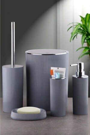 5-teiliges grau-anthrazit gestreiftes Badezimmer-Set, Mülleimer, Seifenspender, Zahnbürstenhalter, Toilettenbürste LGY-00175 - 2