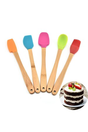 5'li Renkli Bambu Saplı Silikon Uçlu Spatula Fırçalı Kaşık Seti - 5