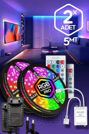 5MT X 2'li Set RGB Duvar Tavan Şerit Led Işık Ambiyans & Sabit 16 Renk Kumandalı Yapışkanlı 10 Metre - 2