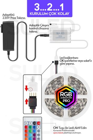 5MT X 2'li Set RGB Duvar Tavan Şerit Led Işık Ambiyans & Sabit 16 Renk Kumandalı Yapışkanlı 10 Metre - 4