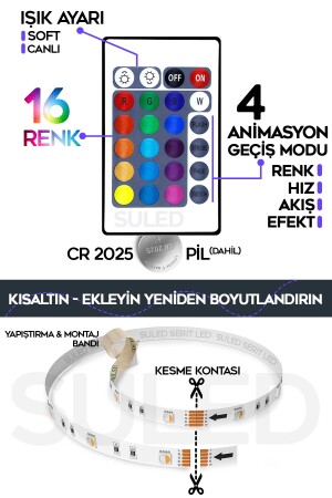 5MT X 2'li Set RGB Duvar Tavan Şerit Led Işık Ambiyans & Sabit 16 Renk Kumandalı Yapışkanlı 10 Metre - 8