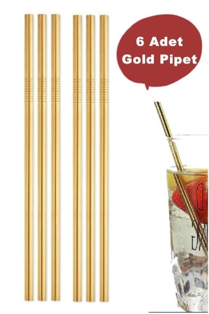 6 Adet Gold Pipet Paslanmaz Çelik Meşrubat Pipeti Çubuk Pipet - 2