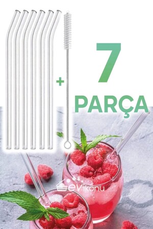 6 Parça Şeffaf Cam Eğimli Pipet Ve Temizleme Fırçası Kokteyl Sunum Pipetleri Yıkanabilir - 1