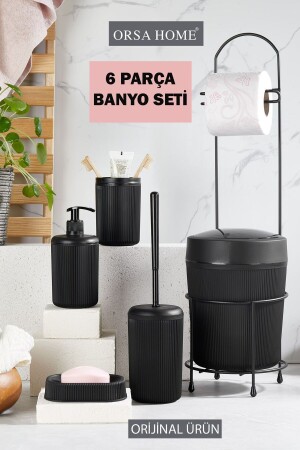 6 Parça Siyah Banyo Seti Metal Stantlı Wc Kağıtlık-kova Fırça- Katı-sıvı Sabunluk- Diş Fırçalık - 2