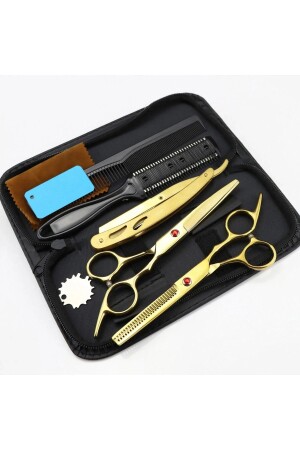 6-teiliges 6-Zoll-Valkyrie-Goldfarben-Friseur-Haarscheren-Rasierkamm-Set aus Stahl mit Ledertasche - 3