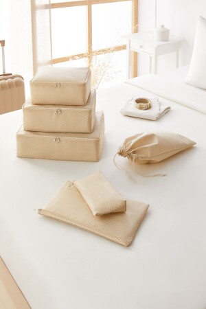 6-teiliges Koffer-Organizer-Set mit Fischgrätenmuster in Beige - 2