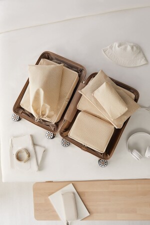 6-teiliges Koffer-Organizer-Set mit Fischgrätenmuster in Beige - 5