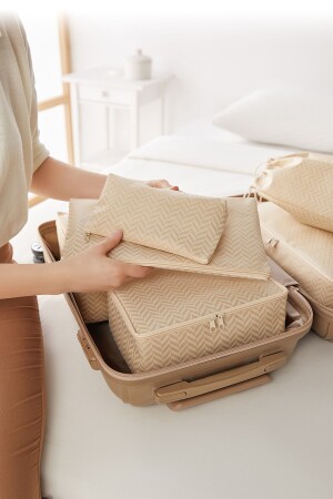 6-teiliges Koffer-Organizer-Set mit Fischgrätenmuster in Beige - 8