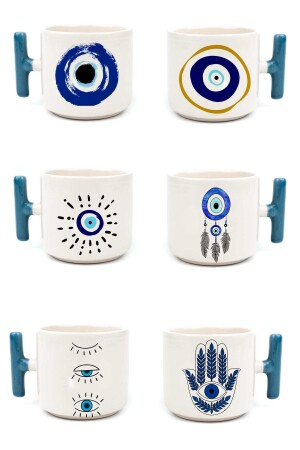 6-teiliges Nescafé- und Latte-Becher-Set mit buntem T-Henkel-Motiv „Evil & Eye“. - 1