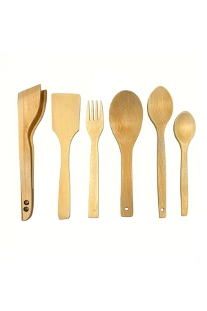 6-teiliges Set aus geöltem Buchenholz, Löffel, Holzspatel, Zange, Gabel, Servierset, 3 Löffel - 1