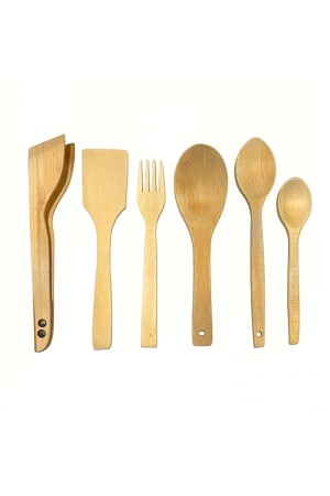 6-teiliges Set aus geöltem Buchenholz, Löffel, Holzspatel, Zange, Gabel, Servierset, 3 Löffel - 4