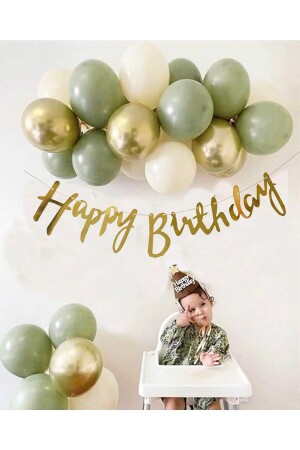 7 formgrüne, 3 chromgoldene und 3 sandfarbene Pastellballons Gold Happy Birthday Banner Mini-Kettenballon-Set - 3