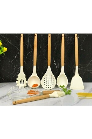 7 Parça Bambu Saplı Silikon Kepçe Spatula Mutfak Seti Kremrengi mprn-231510143 - 3