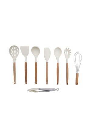 8 Parça Bambu Saplı Silikon Kepçe Spatula Mutfak Seti Krem kbr-b21 - 1