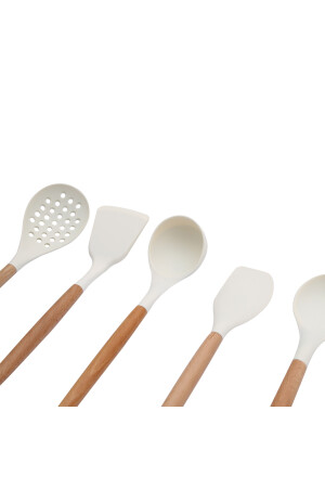 8 Parça Bambu Saplı Silikon Kepçe Spatula Mutfak Seti Krem kbr-b21 - 5