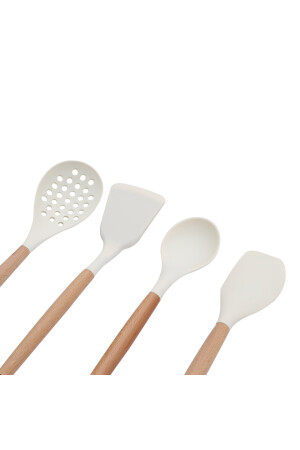 8 Parça Bambu Saplı Silikon Kepçe Spatula Mutfak Seti Krem kbr-b21 - 7