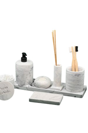 8-teiliges Beton-Badezimmer-Set, Seifenspender für feste Flüssigkeiten, Zahnbürstenhalter, Kerzenhalter, Räuchergefäß, Tablett, Präsentation, Baumwollbox - 3