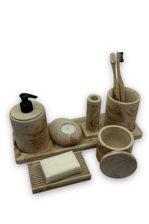 8-teiliges Beton-Badezimmer-Set, Seifenspender für feste Flüssigkeiten, Zahnbürstenhalter, Kerzenhalter, Räuchergefäß, Tablett, Präsentation, Baumwollbox - 4