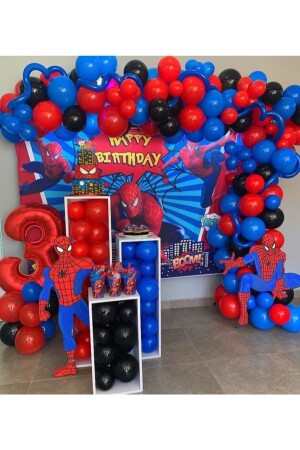 80 Adet Kirmizi Siyah Lacivert Balon-5metre Zincir Örümcek Adam Spiderman - 1