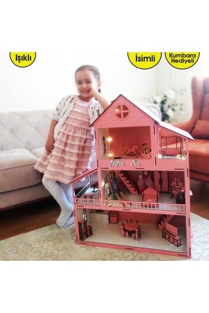 80 cm großes beleuchtetes Holzspielhaus mit Namen (rosa) - 2