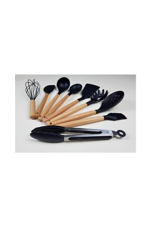 9 Parça Bambu Saplı Silikon Kepçe Spatula Mutfak Seti Siyah kbr-b22 - 1