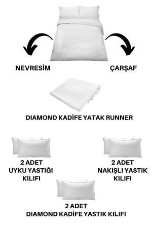 9 Parça Diamond Kadife Yatak Runner Örtülü Penna Çift Kişilik Pudra Nakışlı Pamuklu Nevresim Takımı STCKHMNEV1PN - 8