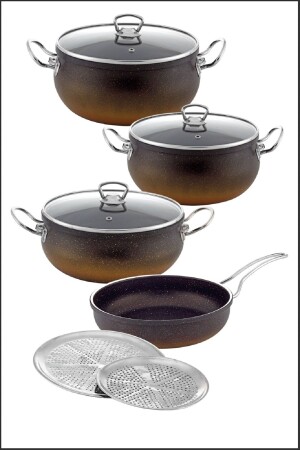 9-teiliges Kochgeschirr-Set aus schwarzem Granit mit Eisengriff – 24 cm (Dolma Geschenkunterlage) - 4