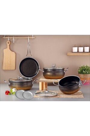 9-teiliges Kochgeschirr-Set aus schwarzem Granit mit Eisengriff – 24 cm (Dolma Geschenkunterlage) - 5