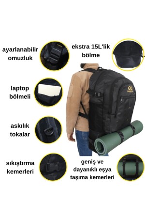 90 Litre Körüklü Siyah Su Geçirmez Çok Gözlü Laptop Bölmeli Kampçı-seyahat-dağcı Sırt Çantası - 5