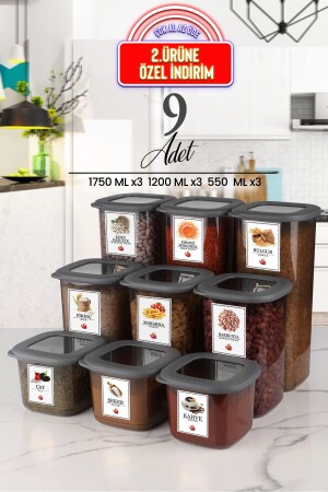 9'lu Silikon Kapaklı Etiketli Kare Erzak Saklama Kabı Seti - Hava Almaz X3(550ml-1200ml-1750 Ml) TYC00520986586 - 2