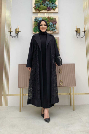 Abaya mit Spitzen-Guipure-Detail und Kragen, 7830 Schwarz - 1