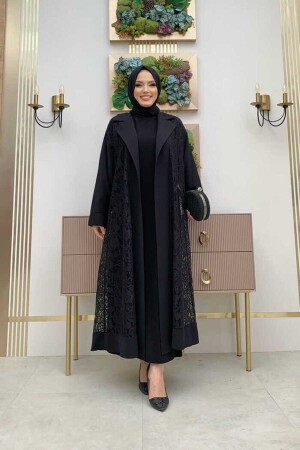 Abaya mit Spitzen-Guipure-Detail und Kragen, 7830 Schwarz - 3