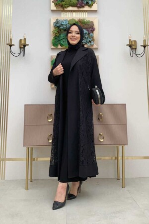 Abaya mit Spitzen-Guipure-Detail und Kragen, 7830 Schwarz - 4