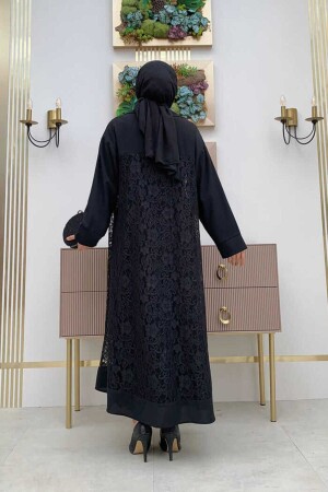 Abaya mit Spitzen-Guipure-Detail und Kragen, 7830 Schwarz - 5