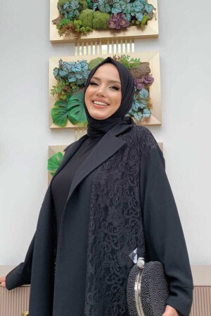 Abaya mit Spitzen-Guipure-Detail und Kragen, 7830 Schwarz - 6