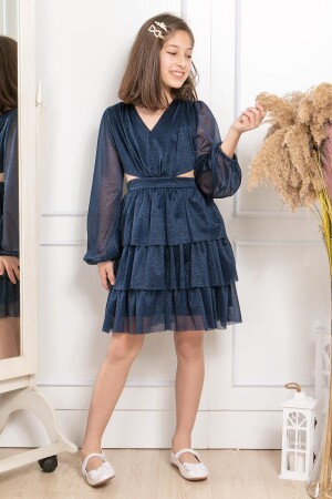 Abendkleid für Kinder aus glitzerndem Tüll mit Rüschen, Marineblau, MDV308, MDV308 - 1