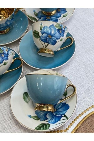 Aero Blue Gold Floral Porzellan-Kaffeetassen-Set für 6 Personen Harlem-745 HARLEM-740 - 4