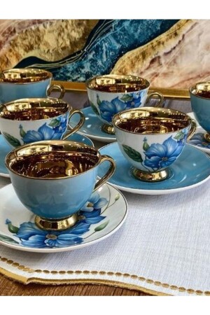 Aero Blue Gold Floral Porzellan-Kaffeetassen-Set für 6 Personen Harlem-745 HARLEM-740 - 6