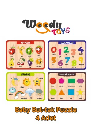 Ahşap Çocuk Bultak Puzzle Yapboz 4'lü Set Gökyüzü-Şekiller-Meyveler-Sayılar - 2