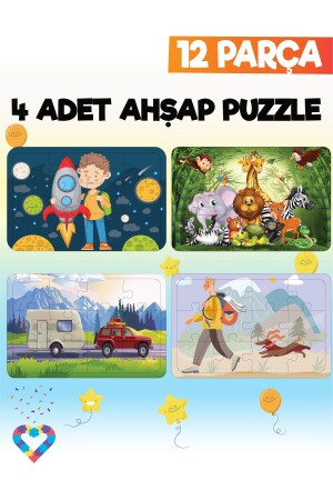 Ahşap Çocuk Puzzle 12 Parça 4 Adet - 3