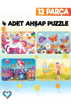 Ahşap Çocuk Puzzle 12 Parça 4 Adet - 1