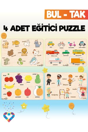 Ahşap Çocuk Puzzle Hayvanlar Taşıtlar Meslekler Ve Meyveler 4 Adet Puzzle - 3